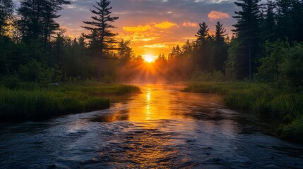 Poster - Sunset Over River in Forest