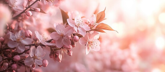 Aufkleber - The apple tree flowers attractively with cherry blossoms in soft pink and white hues Sakura Shallow depth of field A close up of the flowering branches of the pink cherry tree a Japanese cherry tree