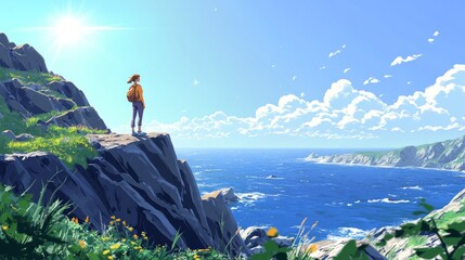 Sticker - A person stands on a rocky cliff overlooking a serene ocean. The bright sun shines in the clear blue sky. This artwork blends nature and adventure perfectly. Stunning visuals for inspiration. AI