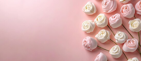 Poster - Bouquet of marshmallow roses set against a pink background Romantic treat Sweet gift Copy space
