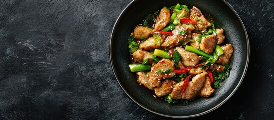 Fototapete - Asian cuisine stir fried pork with Chinese leeks. with copy space image. Place for adding text or design