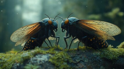 Wall Mural - Two vibrant insects face each other in a lush, green forest.