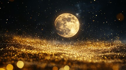 Golden Moon in Starry Night Sky