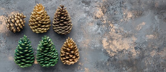 Flat lay featuring Christmas decorations Vivid green and gold decorative cones on a grey textured backdrop Space for text Still life. with copy space image. Place for adding text or design