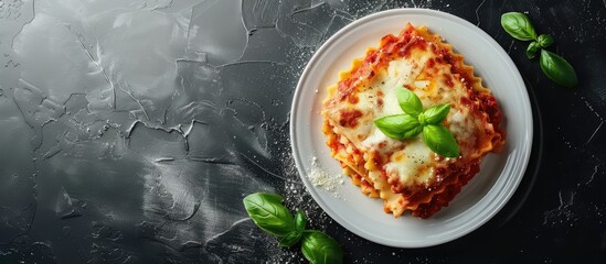 Aufkleber - Lasagna Homemade Italian lasagna featuring bolognese meat sauce cheese and basil on a white plate Close up. with copy space image. Place for adding text or design