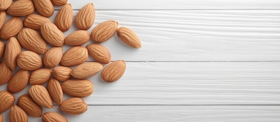 Wall Mural - almonds background of a white wooden table. with copy space image. Place for adding text or design