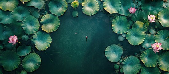 Wall Mural - aerial perspective of lotus plants in a park. with copy space image. place for adding text or design