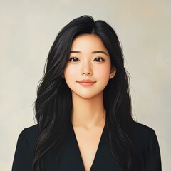 Poster - A stunning portrait of a young Asian woman, radiating warmth and joy, with long black hair and gentle smile against a soft backdrop.