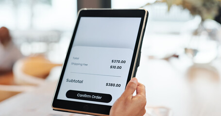 Aufkleber - Hands, tablet and online shopping with price, screen and confirm order in home with deal, sale or payment. Person, digital touchscreen and e commerce on ux, customer experience and discount in house