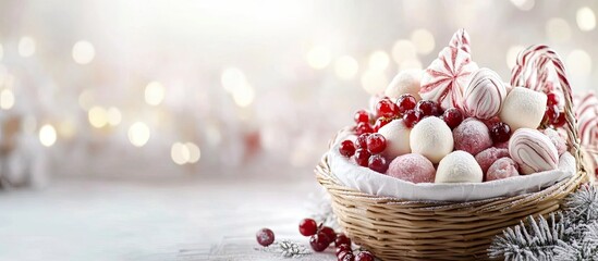Aufkleber - Delicate French pastry Winter berry marshmallow Cranberry Confections in the basket Christmas goodies. with copy space image. Place for adding text or design