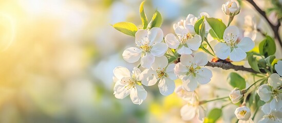 Wall Mural - Cherry tree blossoms in spring at the park Lovely flowers Selective focus with a blurred background Bright sunny day Apple branches Clear blue sky. with copy space image