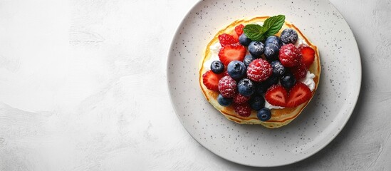 Poster - Homemade cottage cheese pancakes topped with fresh berries on a white table Copy space