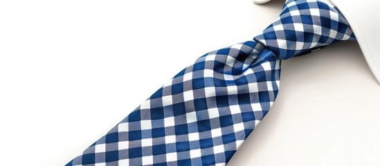 stylish blue and white checkered tie tied isolated on a white background. with copy space image. Place for adding text or design