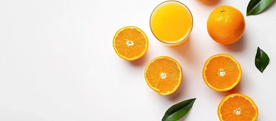 Fototapete - A glass of orange juice and fresh oranges on a white background copy space