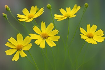 Wall Mural - Bright yellow coreopsis with daisy like petals and slender green stems, AI Generated