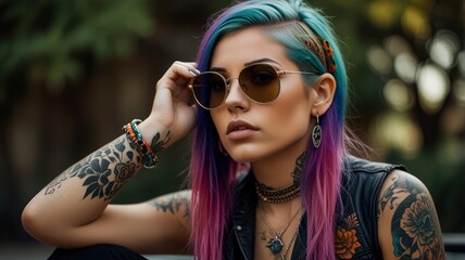 Wall Mural - Cool girl with tattoos and colorful hair staring through her shades