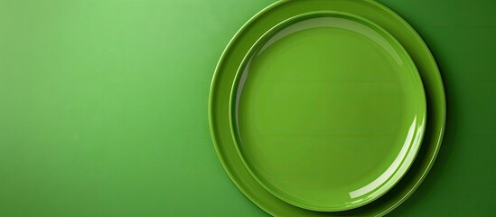 Top view of an isolated colored background featuring an empty round green plate for food Unoccupied dish with space for your design. with copy space image. Place for adding text or design