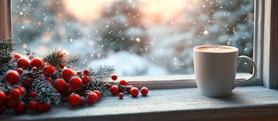 Fototapete - Christmas arrangement with coffee on the windowsill Concept for a holiday greeting card. with copy space image. Place for adding text or design