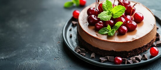 Aufkleber - No Bake Chocolate Cheesecake Garnished with Fresh Cherries and Mint copyspace for your text