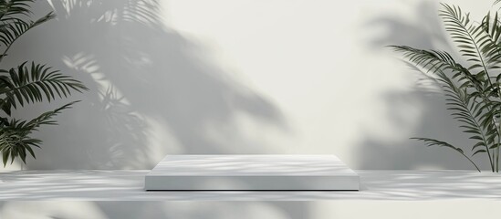 Poster - Abstract minimal nature scene featuring an empty stage and square podium against a gray background with soft shadows of tree leaves A pedestal for showcasing cosmetic products and packaging mockups
