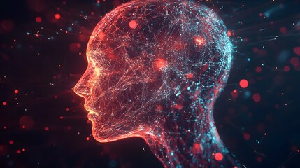 Wall Mural - A futuristic, abstract representation of a human head composed of interconnected lines and glowing particles, symbolizing artificial intelligence and digital technology. 