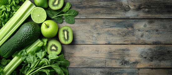 Poster - A variety of fresh green vegetables kiwi spinach avocado apple lime and celery on a rustic wooden surface Top view. with copy space image. Place for adding text or design