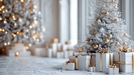 Elegant Gold and White Minimalist Christmas Scene with Tree and Gifts