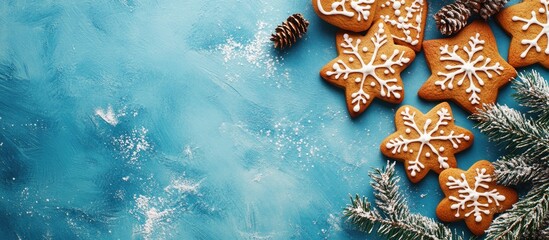 Poster - Christmas gingerbread cookies on a blue backdrop Christmas setting Festive scene. with copy space image. Place for adding text or design