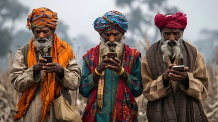 Three elderly Indian men dressed in traditional attire are engrossed in using their smartphones against a foggy rural backdrop, showcasing the blend of tradition and modern technology. 