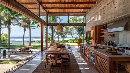 A modern coastal kitchen with panoramic ocean views, featuring natural wood finishes and a spacious dining area, creating a serene and inviting atmosphere. 