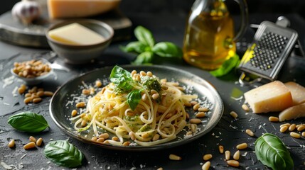 Wall Mural - Delicious plate of spaghetti decorated with basil and pine nuts. Fresh ingredients and rich sauce create a tempting dish. Perfect for dinner or special occasions. AI