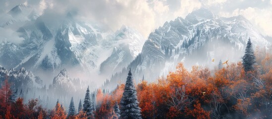 Poster - Autumn Transitions to Winter on the Trees and Mountains. with copy space image. Place for adding text or design