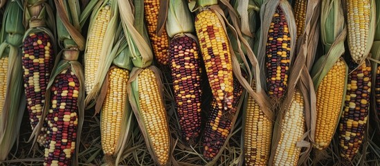 Fototapete - Fresh corn cobs on a colorful background. with copy space image. Place for adding text or design