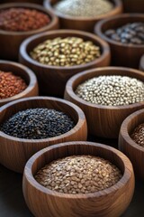 Wall Mural - Assorted Grains and Seeds in Wooden Bowls Displayed on a Rustic Wooden Table