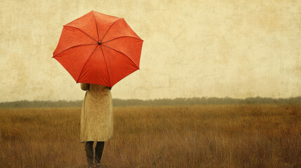 A young woman with a bright red umbrella stands in a field.