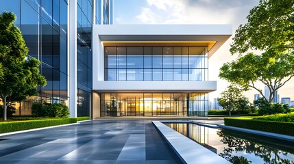 A modern architectural building featuring sleek glass facades, lush greenery, and a serene water feature under a bright sky at sunset. 