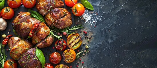 Aufkleber - Tomatoes filled with a mixture of pork beef and chicken serve as a second course in a baked vegetable dish making it a meal or snack on the table Copyspace food background rustic top view