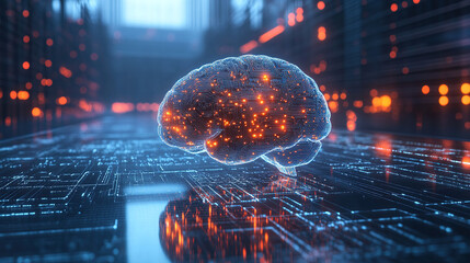 Wall Mural - futuristic 3d visualization of ai brain, glowing circuits and neural connections, high-tech environm