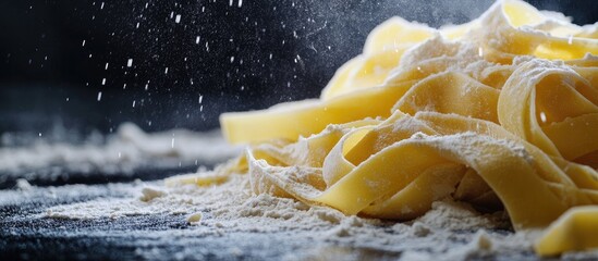Aufkleber - Homemade uncooked tagliatelle pasta and dough rolling on a black background Preparing fresh Italian tagliatelle The word pasta made from flour Banner. with copy space image