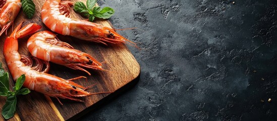 Poster - Fresh prawns cleaned on a cutting board Raw shrimp are nutritious seafood. with copy space image. Place for adding text or design
