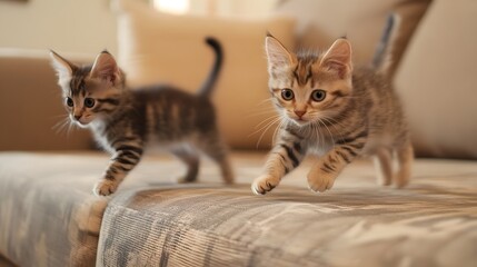 Two playful tabby kittens exploring a cozy living room setting. 