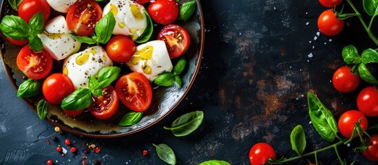 Mozzarella and cherry tomato canape caprese salad served as a buffet meal snack on the table with copyspace in the food background Top view suitable for keto or paleo diet