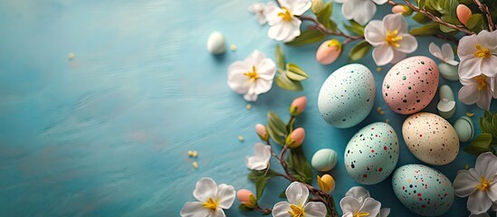 Aufkleber - Easter background featuring Easter eggs and spring flowers. with copy space image. Place for adding text or design