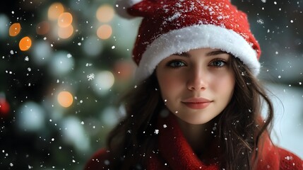 A young woman in a festive red Santa hat smiles gently as snowflakes fall around her, evoking a cozy holiday spirit. 