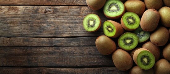 Fototapete - A pile of whole and sliced fresh kiwis on a wooden table viewed from above Room for text. with copy space image. Place for adding text or design
