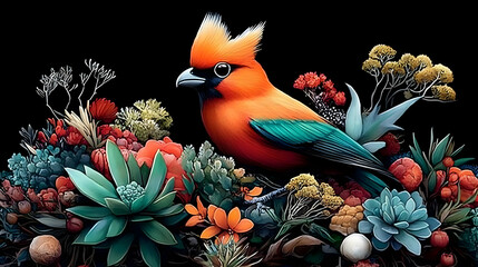 Wall Mural - Colorful Bird Perched on Succulents and Flowers