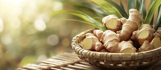 Fototapete - Japanese ginger in a bamboo basket. with copy space image. Place for adding text or design