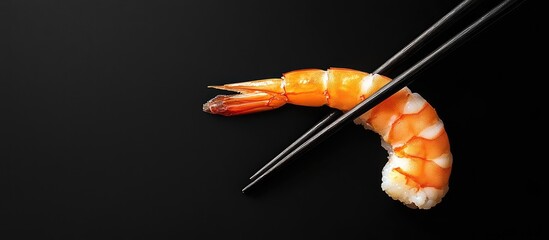 Leinwandbilder - Tiger prawn sushi sashimi on chopsticks with copy space for your text
