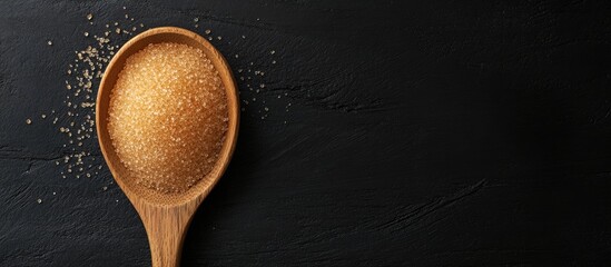 Wall Mural - Brown cane sugar in a wooden spoon against a black background Top view with copyspace