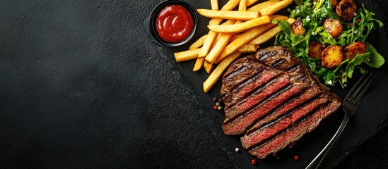 Poster - Sliced flank steak grilled medium rare over charcoal served with fries and salad. with copy space image. Place for adding text or design